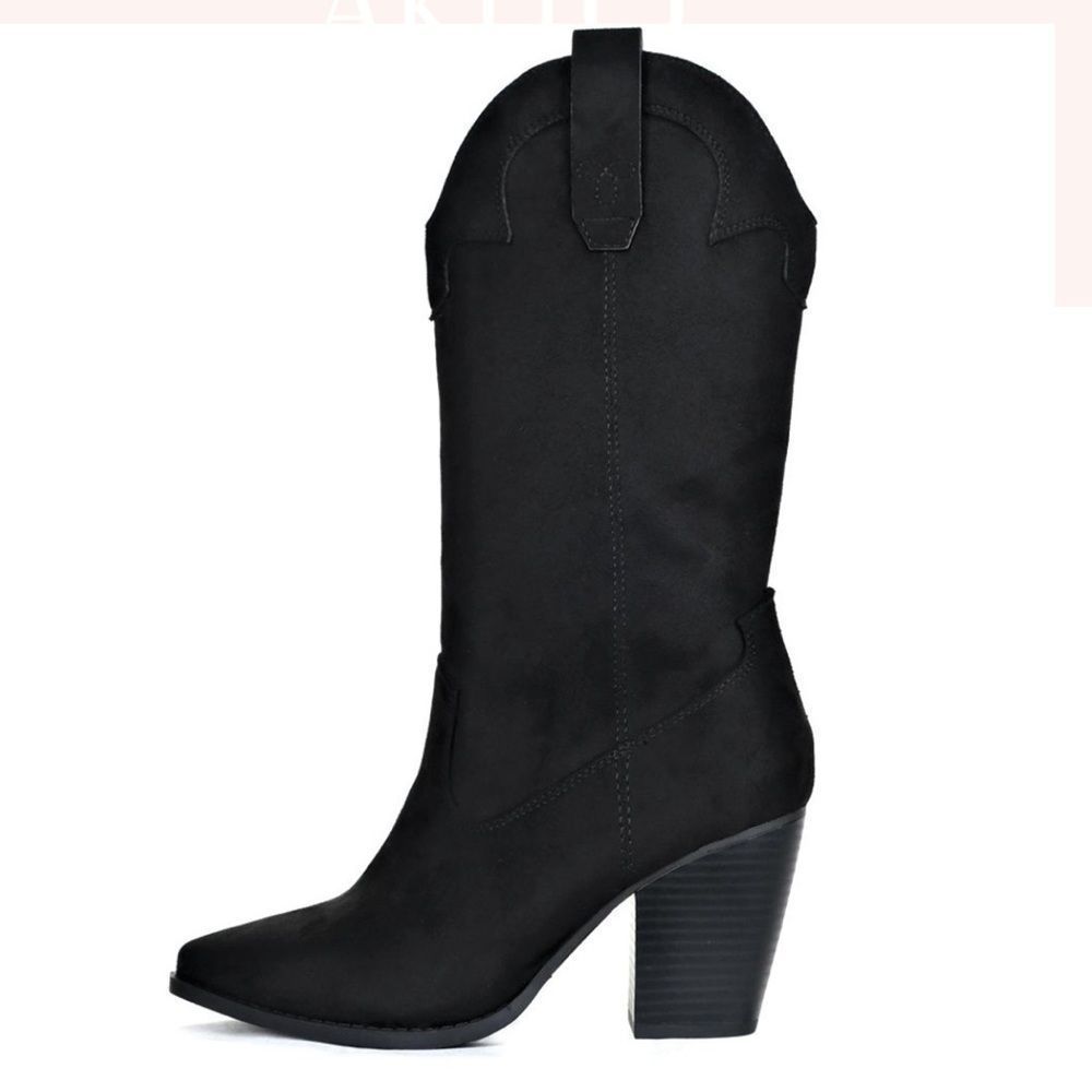 Black Cowboy Western Faux Suede Boot - Picture 5 of 8